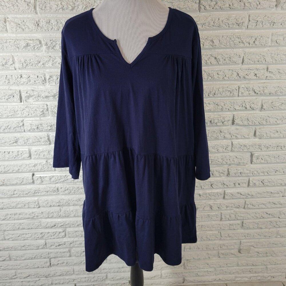 Woman Within 2X Blue Tunic Babydoll Top V-Neck 3/4 Sleeve Ruffle Blouse BLU108E